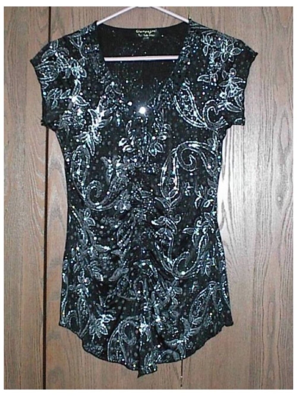 Women's Black Sequin Paisley Short-Sleeve Top